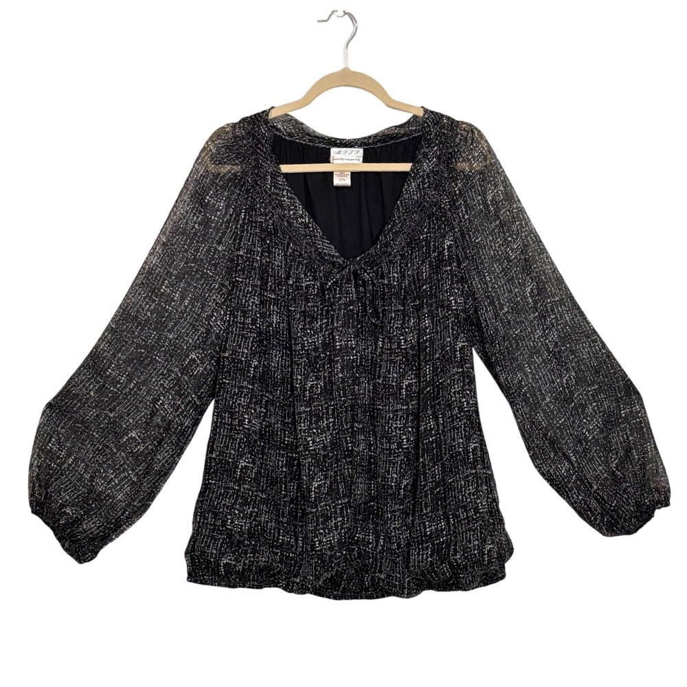 MSSP Women 3X Black White Abstract Print Shimmer Tie -‎ Blouse Balloon Sleeve